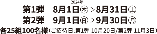 2024年 第1弾 8月1日（木）＞8月31日（土）第2弾　9月1日（日）＞9月30日（月） 各25組100名様（ご招待日:第1弾 10月20日/第2弾 11月3日）