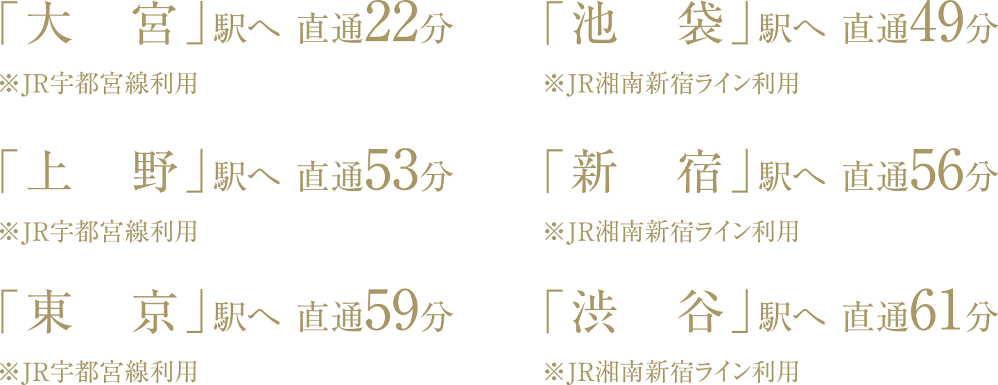 大宮駅へ直通22分、池袋駅へ直通49分、上野駅へ直通53分、新宿駅へ直通56分、東京駅へ直通59分、渋谷駅へ直通61分