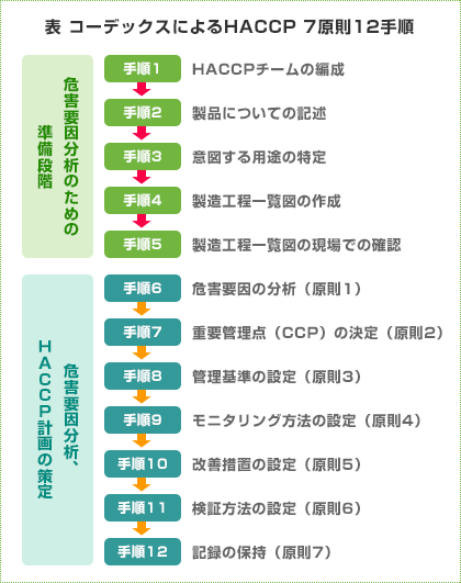 表 コーデックスによるHACCP 7原則12手順