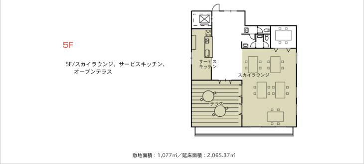 5F/スカイラウンジ、サービスキッチン、オープンテラス　敷地面積：1,077m2／延床面積：2,065.37m2