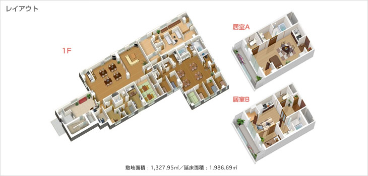 レイアウト　敷地面積：1,327.95m2／述床面積：1,986.69m2