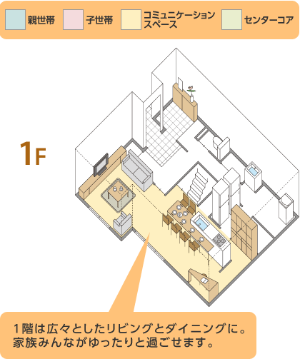 1F　1階は広々としたリビングとダイニングに。家族みんながゆったりと過ごせます。