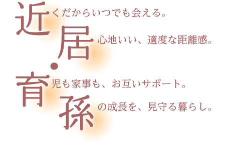 近…近くだからいつでも会える。居…居心地いい、適度な距離感。育…育児も家事も、お互いサポート。孫…孫の成長を、見守る暮らし。