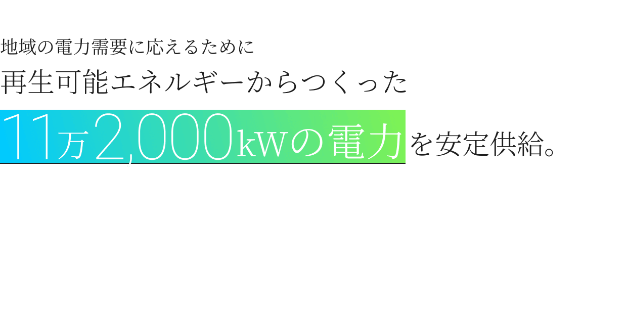 地域の電力需要に応えるために再生可能エネルギーからつくった11万2,000kWの電力を安定供給。