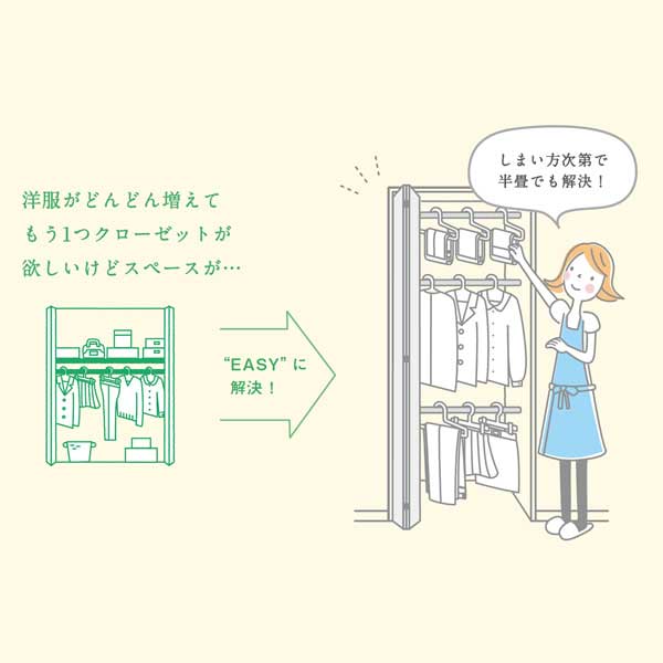 洋服がどんどん増えてもう1つクローゼットが欲しいけどスペースが…“EASY”に解決！しまい方次第で半畳でも解決！