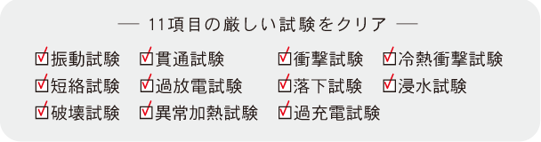 11項目の厳しい試験をクリア 振動試験・貫通試験・衝撃試験・冷熱衝撃試験・短絡試験・過放電試験・□浸水試験・破壊試験・異常加熱試験・過充電試験