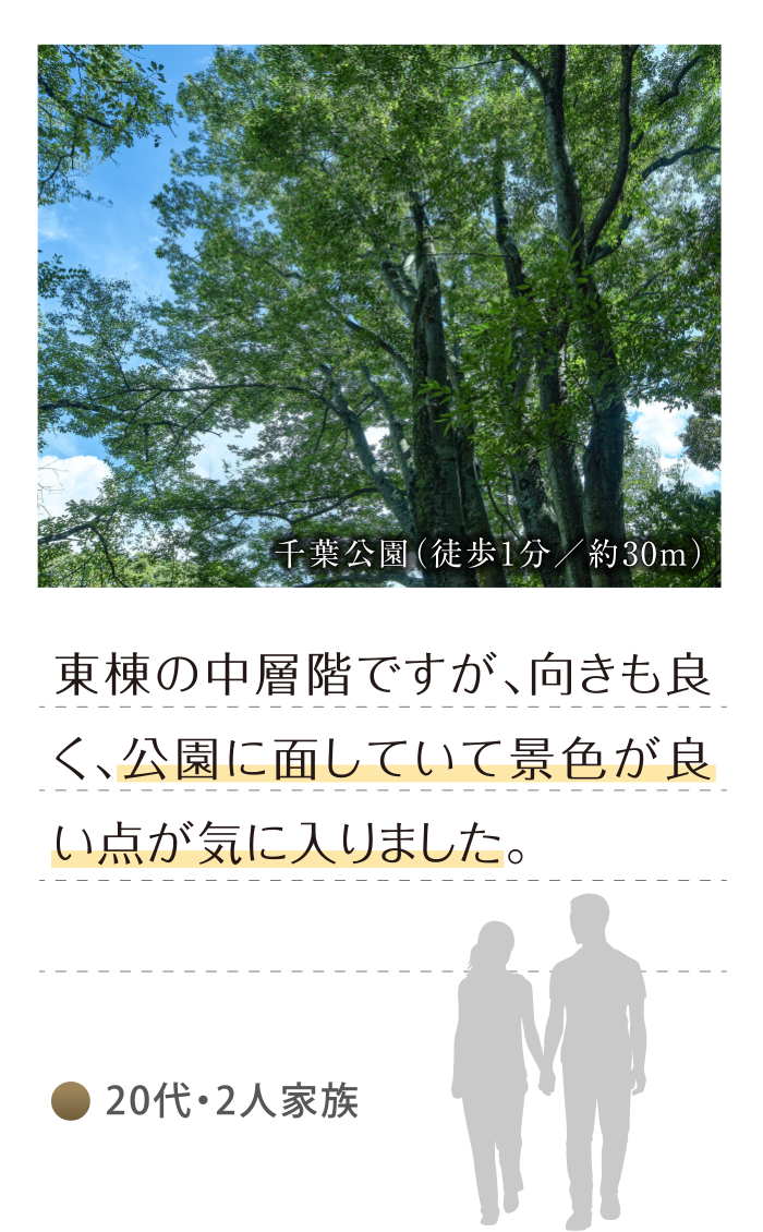 20代・2人家族「東棟の中層階ですが、向きも良く、公園に面していて景色が良い点が気に入りました。」