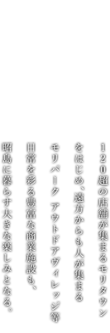 120超の店舗が集まるモリタウンをはじめ、遠方からも人が集まるモリパーク アウトドアヴィレッジ等日常を彩る豊富な商業施設も、昭島に暮らす大きな楽しみとなる。