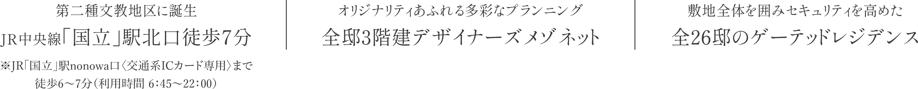 第二種文教地区に誕生JR中央線「国立」駅北口徒歩7分／オリジナリティあふれる多彩なプランニング全邸3階建デザイナーズメゾネット／敷地全体を囲みセキュリティを高めた全26邸のゲーテッドレジデンス