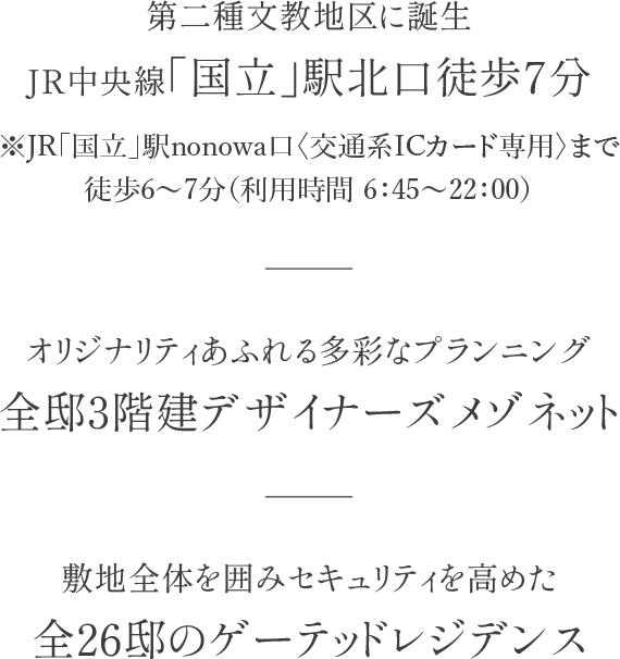 第二種文教地区に誕生JR中央線「国立」駅北口徒歩7分／オリジナリティあふれる多彩なプランニング全邸3階建デザイナーズメゾネット／敷地全体を囲みセキュリティを高めた全26邸のゲーテッドレジデンス