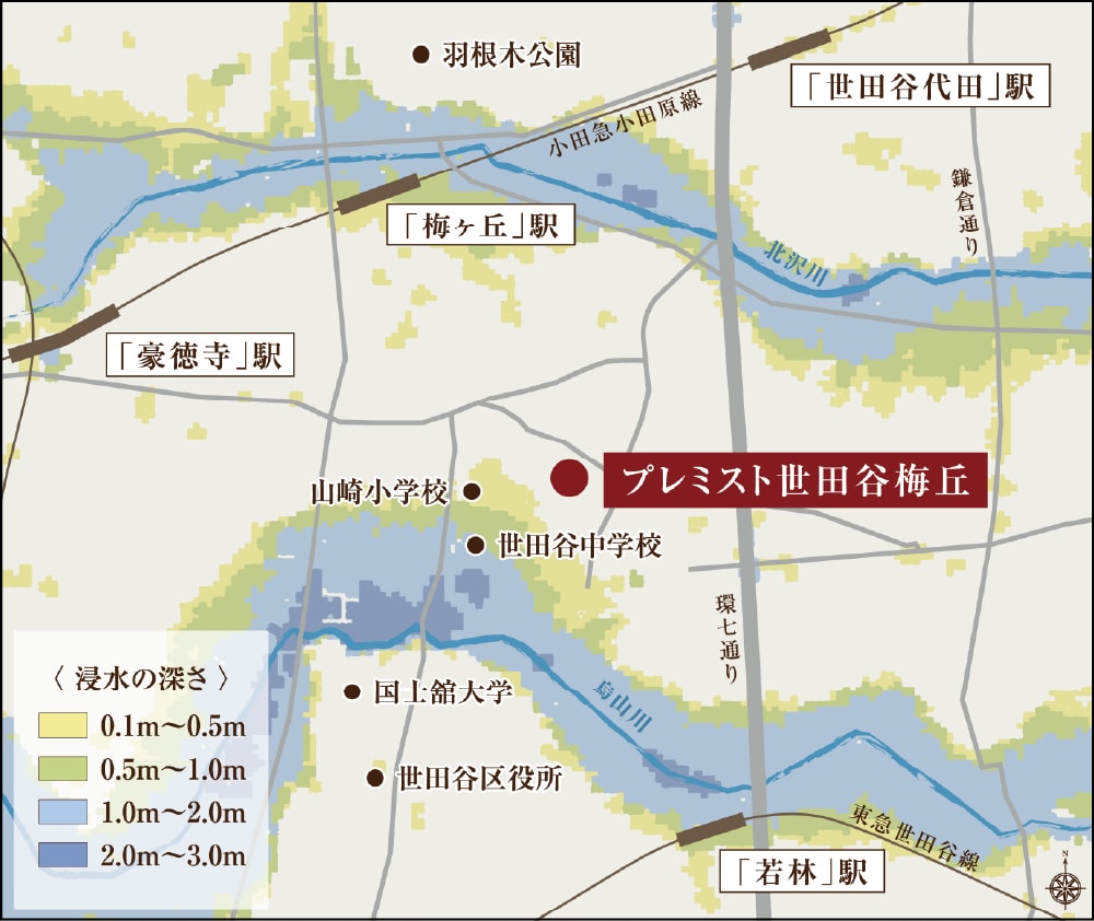 武蔵野台地の高台、
浸水リスクが少ないポジション