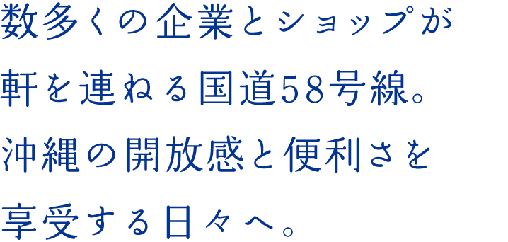 数多くの企業とショップが軒を連ねる国道58号線。沖縄らしい開放感と便利さを享受する日々へ。