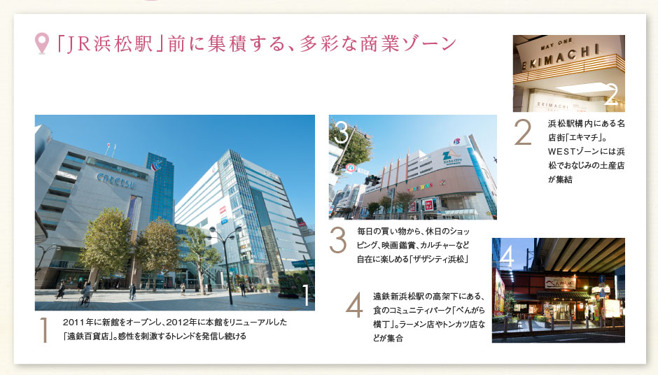 「JR浜松駅」前に集積する、多彩な商業ゾーン ［1］2011年に新館をオープンし、2012年に本館をリニューアルした「遠鉄百貨店」。感性を刺激するトレンドを発信し続ける ［2］浜松駅構内にある名店街「エキマチ」。WESTゾーンには浜松でおなじみの土産店が集結 ［3］毎日の買い物から、休日のショッピング、映画鑑賞、カルチャーなど自在に楽しめる「ザザシティ浜松」 ［4］遠鉄新浜松駅の高架下にある、食のコミュニティパーク「べんがら横丁」。ラーメン店やトンカツ店などが集合