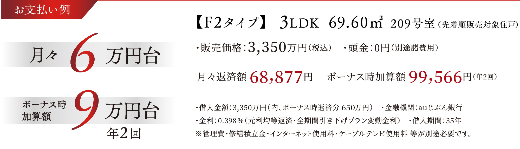 お支払い例【F2タイプ】3LDK、69.60㎡209号室