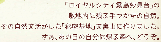 「ロイヤルシティ霧島妙見台」の敷地内に残る手つかずの自然。その自然を活かした「秘密基地」を裏山に作りました。さあ、あの日の自分に帰る森へ、どうぞ。