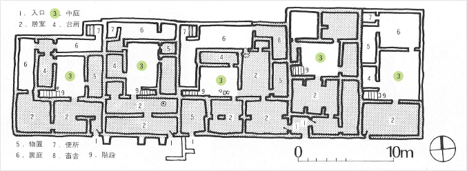入り口から居室群を通って中庭に至る