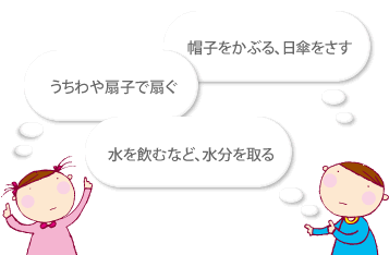 帽子をかぶる、日傘をさす うちわや扇子で扇ぐ 水を飲むなど、水分を取る