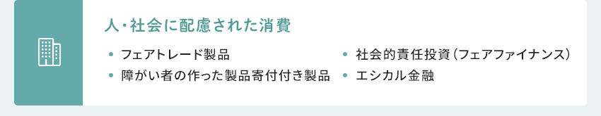 人・社会に配慮された消費 フェアトレード製品 障がい者の作った製品寄付付き製品 社会的責任投資（フェアファイナンス） エシカル金融