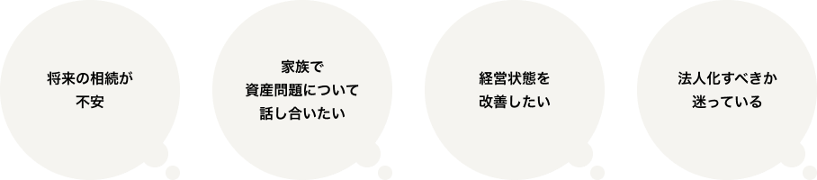 将来の相続が不安　家族で資産問題について話し合いたい　経営状態を改善したい　法人化すべきか迷っている