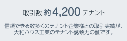 取引数 約4,200テナント　信頼できる数多くのテナント企業様との取引実績が、大和ハウス工業のテナント誘致力の証です。