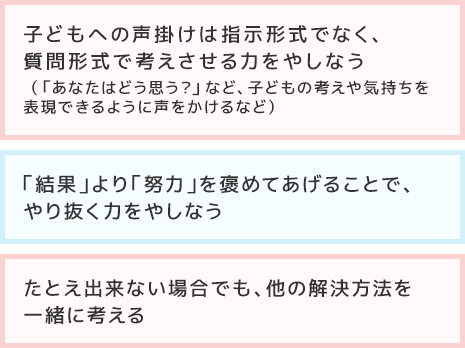 ・子どもへの声掛けは指示形式でなく、質問形式で考えさせる力をやしなう（「あなたはどう思う？」など、子どもの考えや気持ちを表現できるように声をかけるなど）・「結果」より「努力」を褒めてあげることで、やり抜く力をやしなう・たとえ出来ない場合でも、他の解決方法を一緒に考える