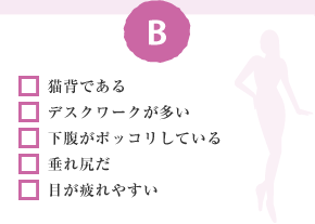 □ 猫背である　□ デスクワークが多い　□ 下腹がポッコリしている　□ 垂れ尻だ　□ 目が疲れやすい