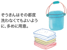 ぞうきんはその都度洗わなくてもよいように、多めに用意。