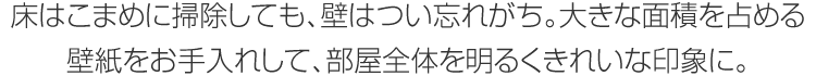 床はこまめに掃除しても、壁はつい忘れがち。大きな面積を占める壁紙をお手入れして、部屋全体を明るくきれいな印象に。